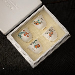 Set of 4 Pcs Elegant Chinese Ceramic Kung Fu Tea Cups, Birds Japanese Tea Cup Set, 5 Ounce
