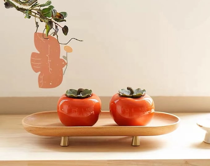 Classic Chinese Style Ceramic Tea Canister with Handpaint Lucky Persimmon Set of 2