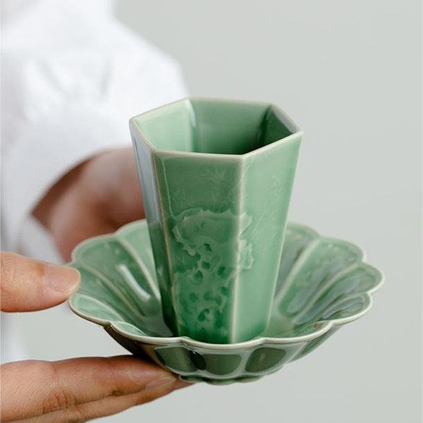 Retro Green Tea Cup,Flambe Glaze Tea Cup with Saucer