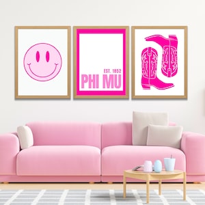 Set of 3 Retro Phi Mu Sorority Prints, Preppy Room Decor, Western, College Dorm Room Art, Instant Downloads