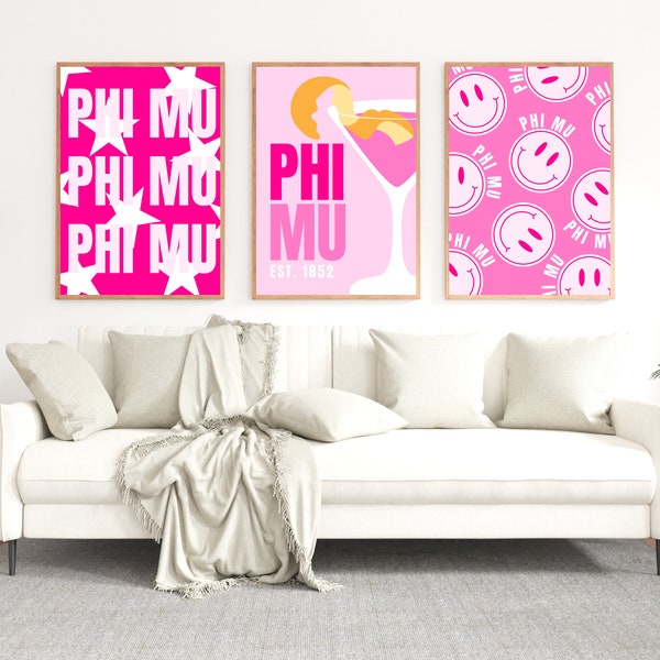 Set of 3 Phi Mu Sorority Prints, Preppy Room Decor, College Dorm Room Art, Instant Downloads