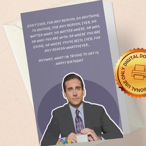Niet ooit op je verjaardag, 5x7 wenskaart, Michael Scott The Office, digitale download met snijtekens en bloeding