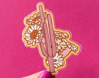 Pink cactus & wildflower vinyl sticker, boho desert floral sticker, waterproof laptop or water bottle sticker, southwestern aesthetic