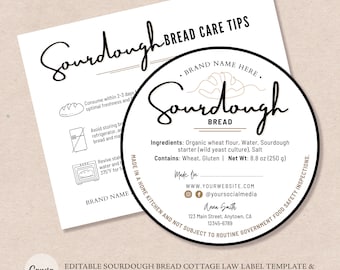 Sourdough Bread Cottage Food Label | Sourdough Bread Care Card | Home Baked Goods Label | Printable Food Label | Bread Care Instructions