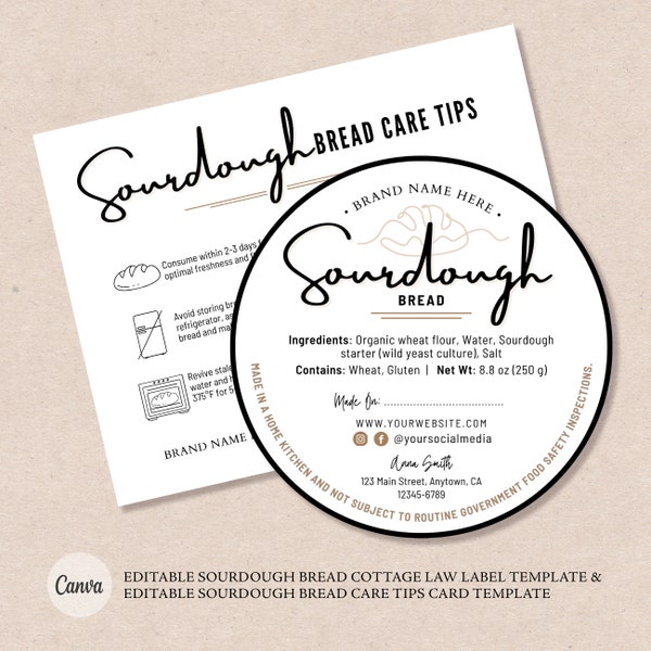 Sourdough Bread Cottage Food Label | Sourdough Bread Care Card | Home Baked Goods Label | Printable Food Label | Bread Care Instructions