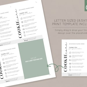 May include: A printable cookie care card template with a green background. The card includes instructions on how to store cookies, such as keeping them in an airtight container and avoiding direct sunlight. The text on the card reads "COOKIEcare" and "Thank you for your order".