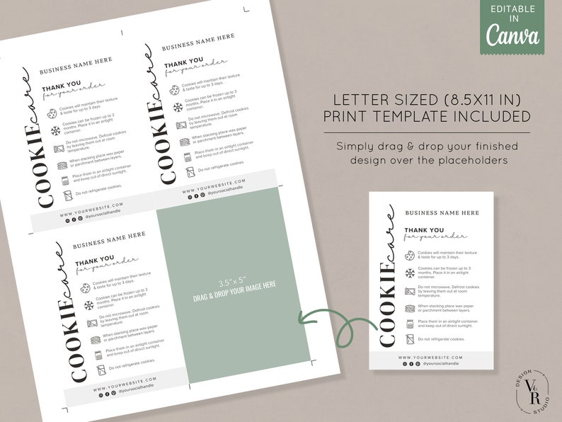 May include: A printable cookie care card template with a green background. The card includes instructions on how to store cookies, such as keeping them in an airtight container and avoiding direct sunlight. The text on the card reads "COOKIEcare" and "Thank you for your order".