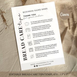 May include: Black and white printable bread care tips template with icons. The template includes instructions for storing, freezing, and reheating bread. The text includes "Thank you for your order" and "www.yourwebsite.com".