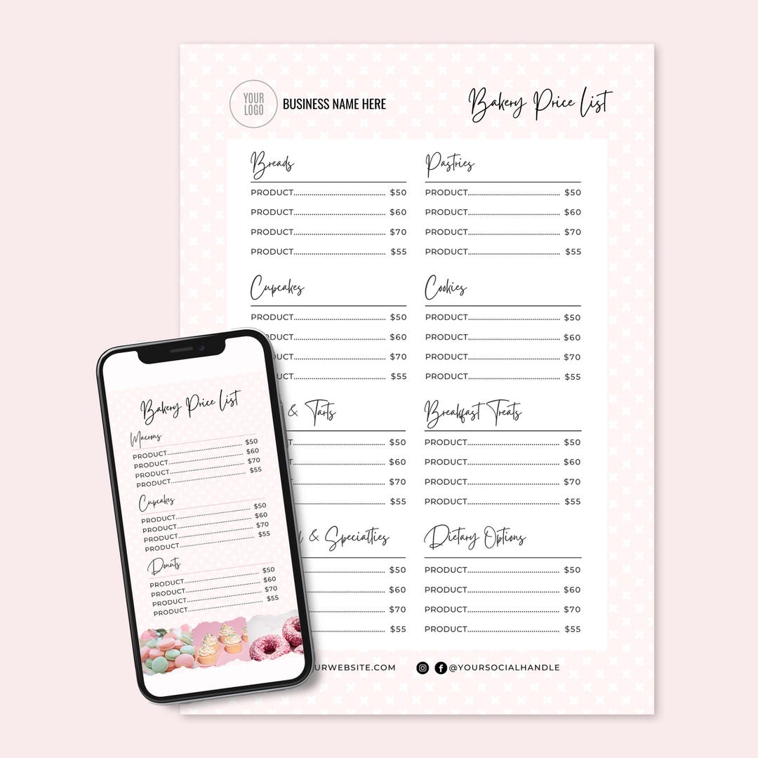 Bakery Menu Template Bundle, Editable Cake Price List and Social Media ...