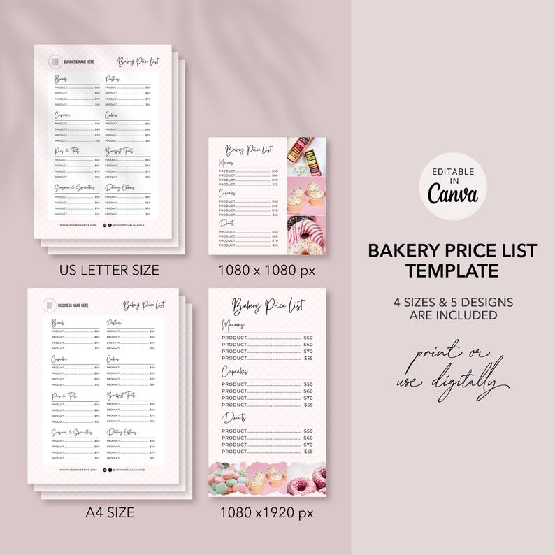 Bakery Menu Template Bundle, Editable Cake Price List and Social Media ...
