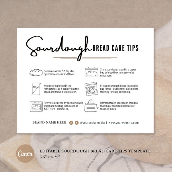 Sourdough Care Card | Bread Care Card Template | Canva Template | Instant Download | Package Insert |  Bread Care Instructions