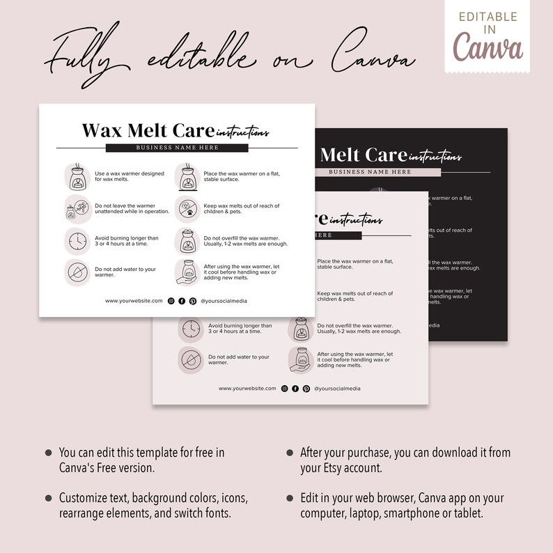 Editable Wax Melts Instructions Card Printable Wax Melt Care ...