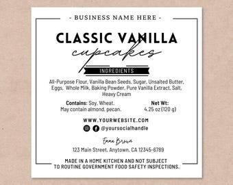 Cottage Food Label Template | Editable Bakery Ingredient Labels | Printable Ingredient Labels | Canva Templates for Small Business Packaging