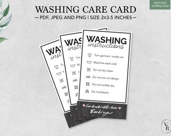 Washing Care Printable, Washing Care Card, Care Card, Washing Instructions, Small Business Supplies, Clothing Care Tag, Instant Download