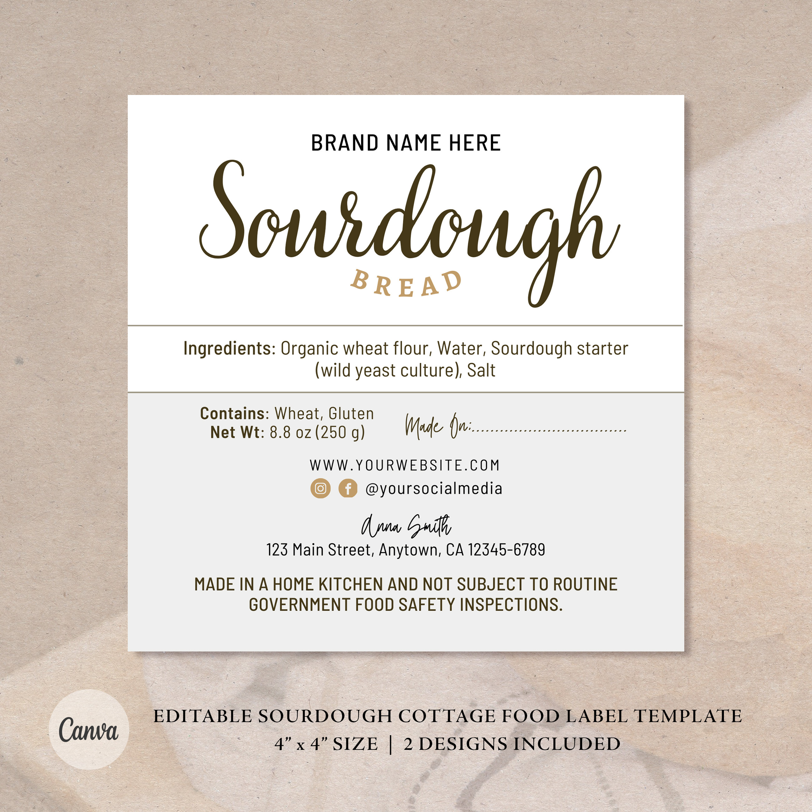 Sourdough Bread Cottage Law Label Template | Home Baked Goods Label | Printable Food Label | Ingredient Label Template