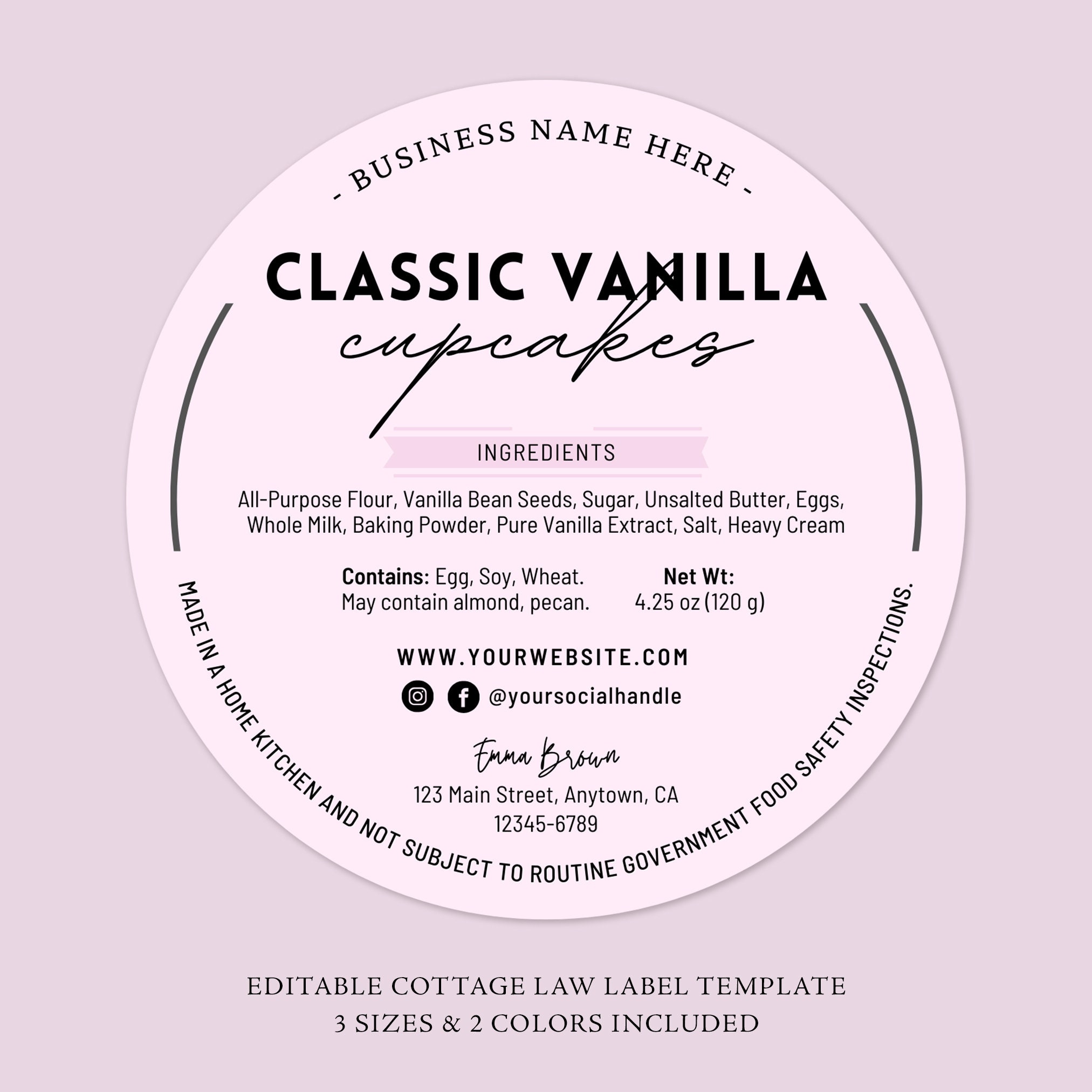 Cottage Food Label | Home Baked Goods Label | Printable Food Label | Cottage Baking Label | Ingredient Label Template | Home Bakery Stickers