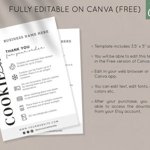 May include: Black and white printable thank you card for cookie orders. The card includes instructions for storing cookies, such as freezing, defrosting, and stacking. The card also includes the text "COOKIEcare" and "BUSINESS NAME HERE".