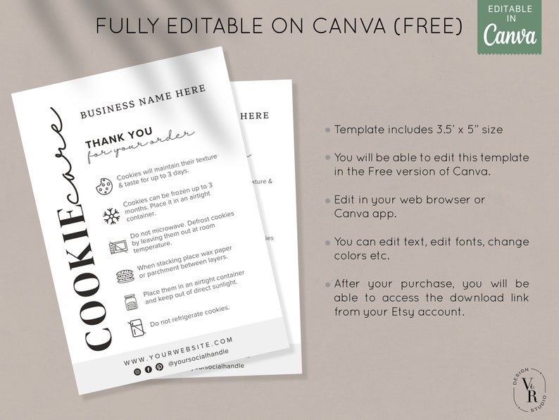 May include: Black and white printable thank you card for cookie orders. The card includes instructions for storing cookies, such as freezing, defrosting, and stacking. The card also includes the text "COOKIEcare" and "BUSINESS NAME HERE".