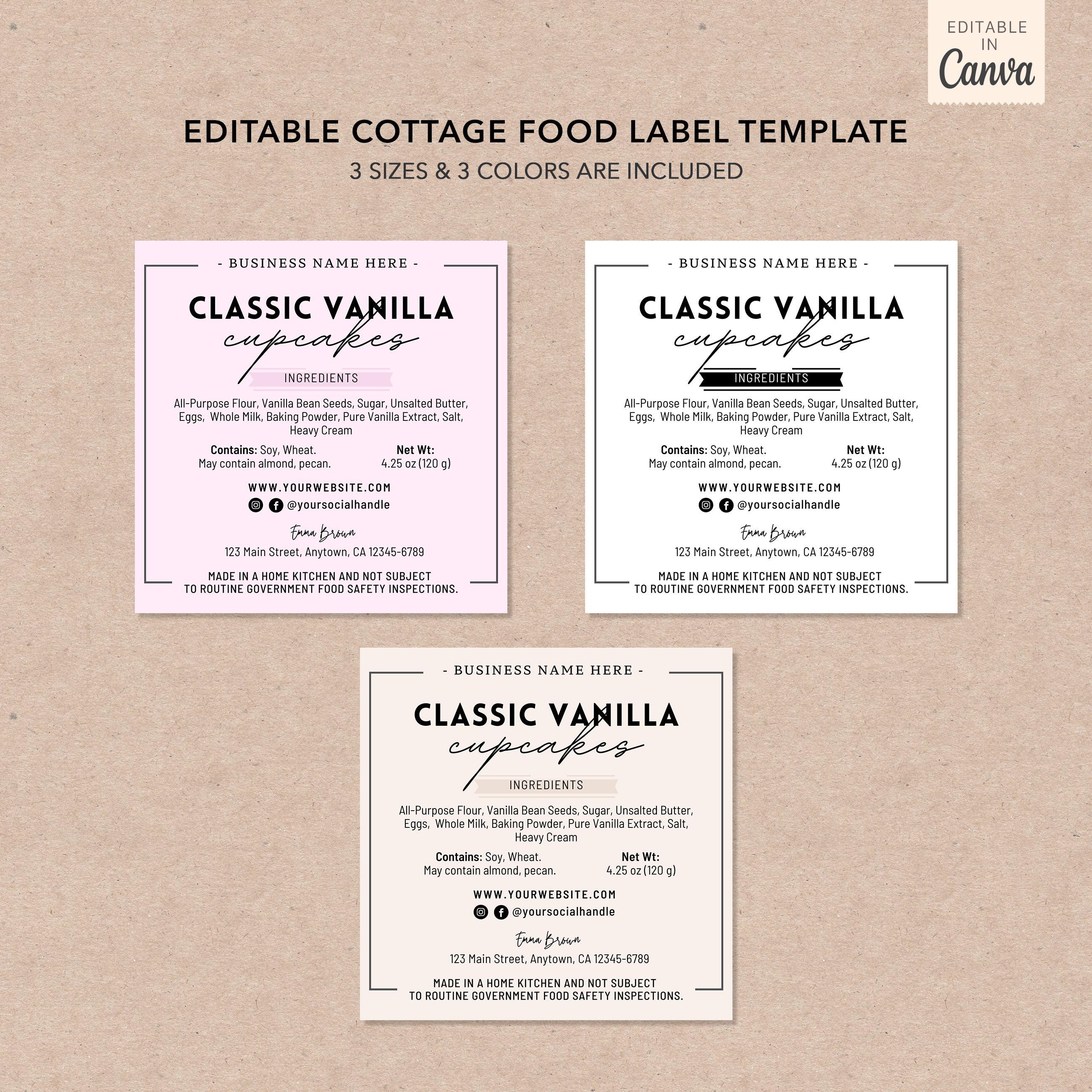 Cottage Food Label Template Editable Bakery Ingredient Labels