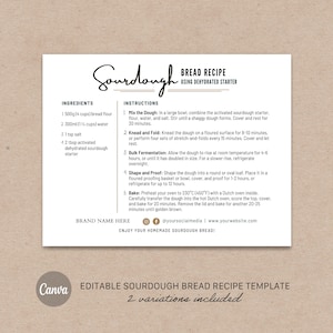 May include: A white recipe card with the word "Sourdough" in a script font. The card includes instructions and ingredients for making bread, with the text "BREAD RECIPE USING DEHYDRATED STARTER". The bottom of the card says "ENJOY YOUR HOMEMADE SOURDOUGH BREAD!"