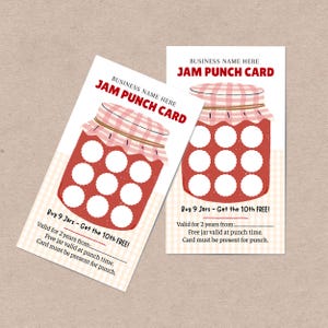 May include: Two jam punch cards with a jar illustration. The cards have a red jar design with white circles for punches and a gingham lid. Text includes "Jam Punch Card" and "Buy 9 Jars - Get the 10th FREE!"