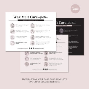Wax Melts Care-kaart bewerkbare sjabloon | Wax Melt Business-inzetstukken | Wax Melt-veiligheidskaarten | Waxmeltinstructies | Afdrukbare wasverzorgingsnotitie
