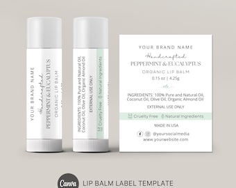 May include: Two white lip balm tubes and a label with text. The label reads "Handcrafted Peppermint & Eucalyptus Organic Lip Balm" and lists ingredients. The label also includes social media handles and website information. The lip balm is 0.15 oz.
