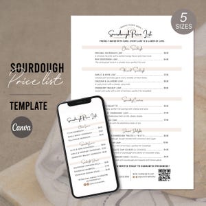 Prijslijst zuurdesem | Menu zuurdesembrood | Ingrediëntenlabel | Sjabloon bakkerijmenu Canva | Digitale sjabloon | Prijslijst en broodmenu