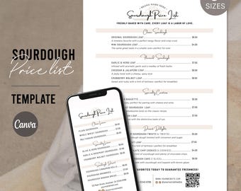 Sourdough Price List | Sourdough Bread Menu | Ingredient Label | Bakery Menu Template Canva | Digital Template | Price List & Bread Menu