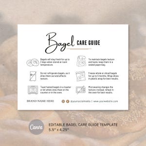 Cartão de Cuidados com Bagels | Modelo de Cartão de Cuidados com Bagels | Nota para Bagels para Imprimir | Modelo Canva | Download Instantâneo | Encarte da Embalagem