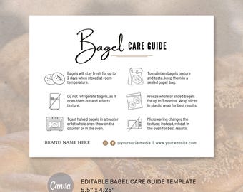 May include: A black and white infographic titled "Bagel Care Guide". The infographic provides instructions on how to store, freeze, and reheat bagels. The infographic also includes a brand name, social media handle, and website address.