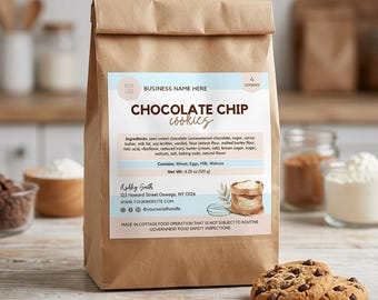 May include: A brown paper bag containing chocolate chip cookies with a white label featuring the text Chocolate Chip Cookies, ingredients, and a net weight of 120 g. Two chocolate chip cookies are placed in front of the bag on a wooden surface.