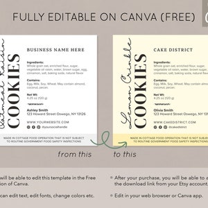Puede incluir: Plantilla de etiqueta de galleta editable en Canva. La plantilla presenta un fondo blanco con texto negro y un borde amarillo. El texto incluye el nombre "Oatmeal Raisin Cookies" y "Lemon Crinkle Cookies", junto con los ingredientes, el peso neto, la informaci&oacute;n de contacto y una declaraci&oacute;n sobre las operaciones de alimentos caseros. La plantilla est&aacute; dise&ntilde;ada para ser personalizada con su propia informaci&oacute;n comercial.