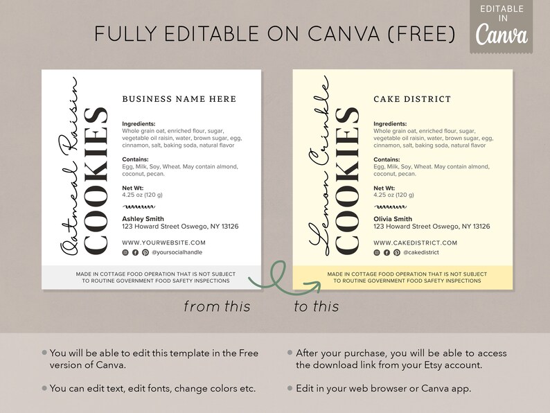 Puede incluir: Plantilla de etiqueta de galleta editable en Canva. La plantilla presenta un fondo blanco con texto negro y un borde amarillo. El texto incluye el nombre "Oatmeal Raisin Cookies" y "Lemon Crinkle Cookies", junto con los ingredientes, el peso neto, la informaci&oacute;n de contacto y una declaraci&oacute;n sobre las operaciones de alimentos caseros. La plantilla est&aacute; dise&ntilde;ada para ser personalizada con su propia informaci&oacute;n comercial.