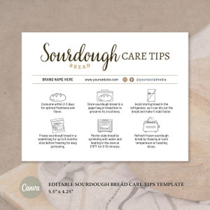 Cuidado do Sourdough Cartão Comemorativo | Modelo de cartão de cuidado do pão | Modelo Canva | Download instantâneo | Folheto Informativo | Instruções para cuidar do pão