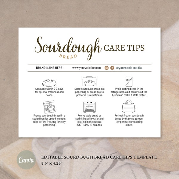 Sourdough Care Card | Bread Care Card Template | Canva Template | Instant Download | Package Insert |  Bread Care Instructions