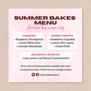 Modèle de menu de boulangerie pour l'été | Publication modifiable sur les réseaux sociaux Canva | Dépliant marketing pour la boulangerie | Menu de boulangerie d'été modifiable