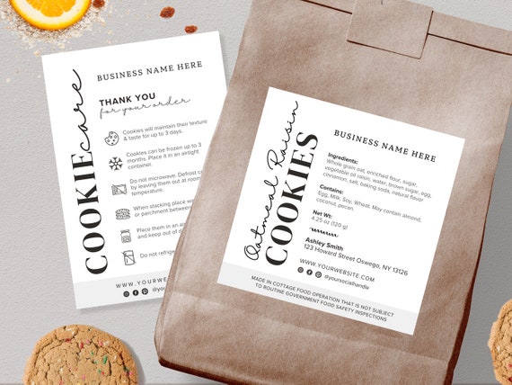 Cottage Law Label | Cookie Care Card | Bundle Template | Cottage Baking Label | Custom Home Bakery Stickers