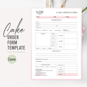 May include: A printable cake order form template with a pink and white color scheme. The form includes sections for customer details, cake details, order details, and payment information. The form also includes a space for a sketch of the cake.