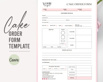 Peut inclure: Un modèle de bon de commande de gâteau imprimable avec un thème rose et blanc. Le formulaire comprend des sections pour les coordonnées du client, les détails du gâteau, les détails de la commande et les informations de paiement. Le formulaire comprend également un espace pour un croquis du gâteau.