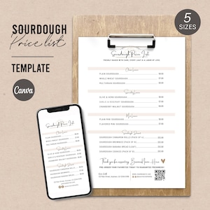 May include: A printable price list template for sourdough bread. The template features a brown and white color scheme with a handwritten font. The text includes "Sourdough Price List" and "Freshly baked with care, every loaf is a labor of love." The template lists different types of sourdough bread, including plain, whole wheat, multigrain, olive & herb, garlic & rosemary, cranberry walnut, plain mini, and flavored mini. The template also includes a section for sourdough cinnamon rolls, brownies, banana bread, and cookies. The template includes a QR code and social media icons.