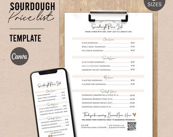 Sourdough Price List | Sourdough Bread Menu | Ingredient Label | Bakery Menu Template Canva | Digital Template | Price List & Bread Menu