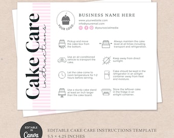 Cake Care Card Template | Bakery Packaging Inserts | Care Instructions | Instant Download | Editable Cake Care Card Template