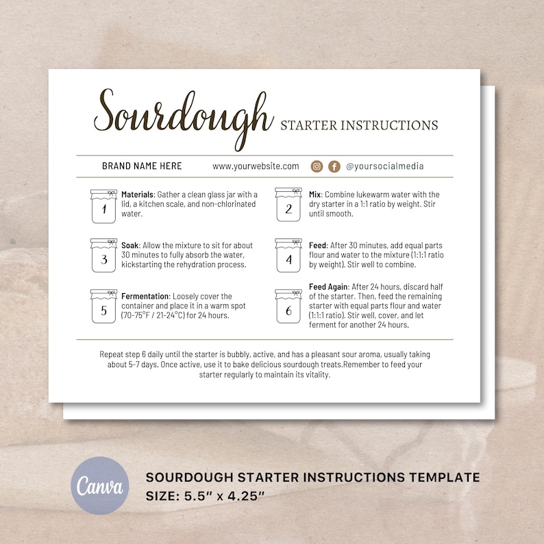 Sourdough Starter Instructions Printable Bakery Care Cards