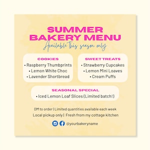 Bearbeitbare Bäckerei-Menüvorlage für Social Media Post | Sommer Bäckerei Menü Canva Vorlage | Bearbeitbarer Social Media Post | Social Media Flyer