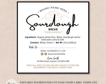 Sourdough Bread Cottage Food Label | Home Baked Goods Label | Printable Food Label | Cottage Baking Label | Ingredient Label Template