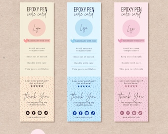 May include: Three care cards for epoxy pens. Each card has a different color background: pink, blue, and light brown. The cards have the text "Epoxy Pen Care Card" and "Handmade with Love". The cards also include instructions for caring for the epoxy pen, such as avoiding extreme temperatures, keeping it out of the mouth, and handling it with care. The cards also include a thank you message for supporting the small business.