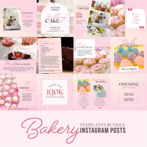 Pode incluir: Um conjunto de nove modelos de postagens do Instagram para uma padaria. Os modelos apresentam imagens de bolos, cupcakes e outros produtos assados, juntamente com texto sobre os serviços da padaria, ofertas especiais e horários de funcionamento. Os modelos são projetados em um esquema de cores rosa e branco com um estilo moderno e elegante.