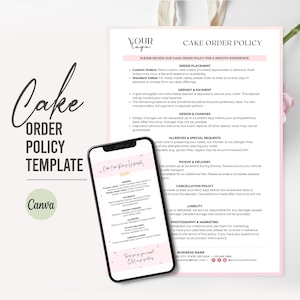 Könnte beinhalten: Rosa und weiße druckbare Vorlage für die Kuchenbestellrichtlinien mit dem Text "Vorlage für die Kuchenbestellrichtlinien" und "Ihr Logo" oben. Die Vorlage enthält Abschnitte für die Bestellaufgabe, Anzahlung und Zahlung, Design und Änderungen, Allergien und Sonderwünsche, Abholung und Lieferung, Stornierungsbedingungen, Haftung, Fotografie und Marketing sowie Firmenname und Kontaktinformationen.