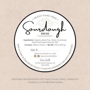 Sourdough Bread Cottage Food Label | Home Baked Goods Label | Printable Food Label | Cottage Baking Label | Ingredient Label Template